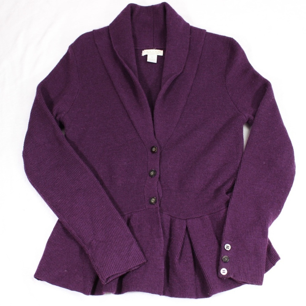 Tweeds 100% Merino Wool Purple Mock V Neck Cardigan A Line Sweater Women Small